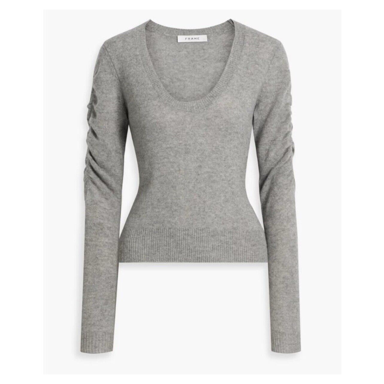 Frame 100% Cashmere Ruched Shoulder Arm Pullover Sweater In Light Gray Sz L New